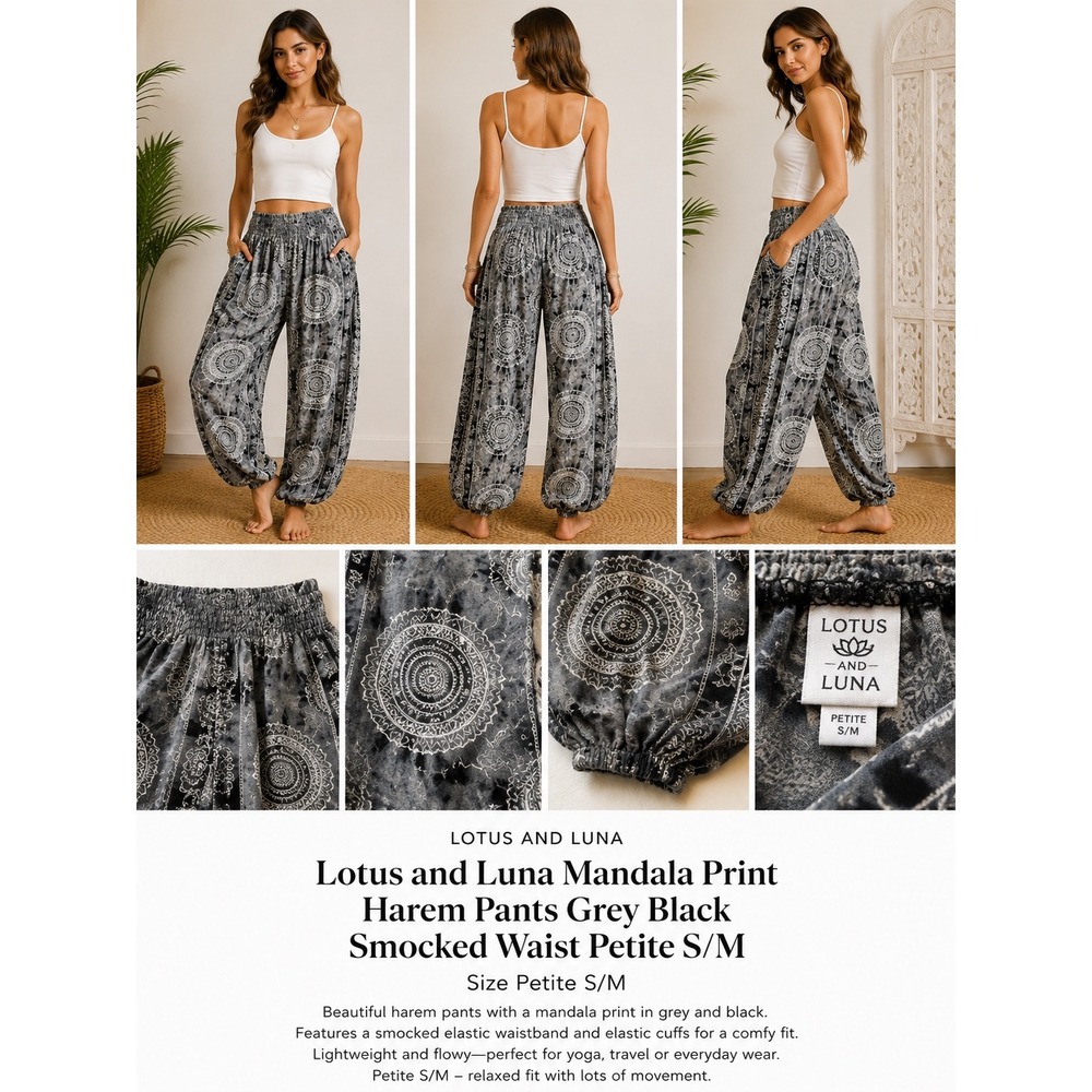 Lotus and Luna Mandala Print Harem Pants Grey Black Smocked Waist Petite S M